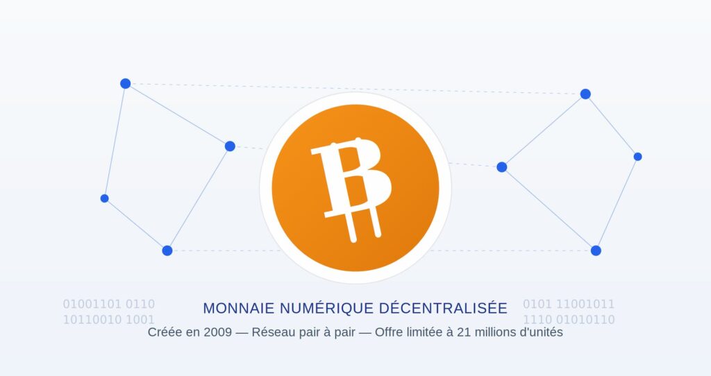 Symbole Bitcoin entouré d'un réseau de nœuds connectés illustrant le fonctionnement décentralisé de la monnaie numérique